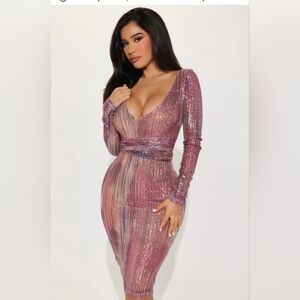 NWT Fashion Nova Women's Pink Sequin Long Sleeve Mini Dress - Size S